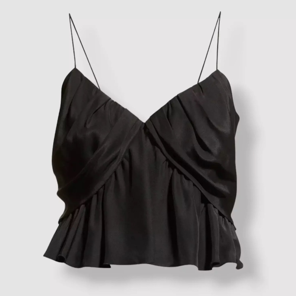 FRAME Black Shirred Flounce 100% Silk Camisole Cropped Tank Blouse Size Small